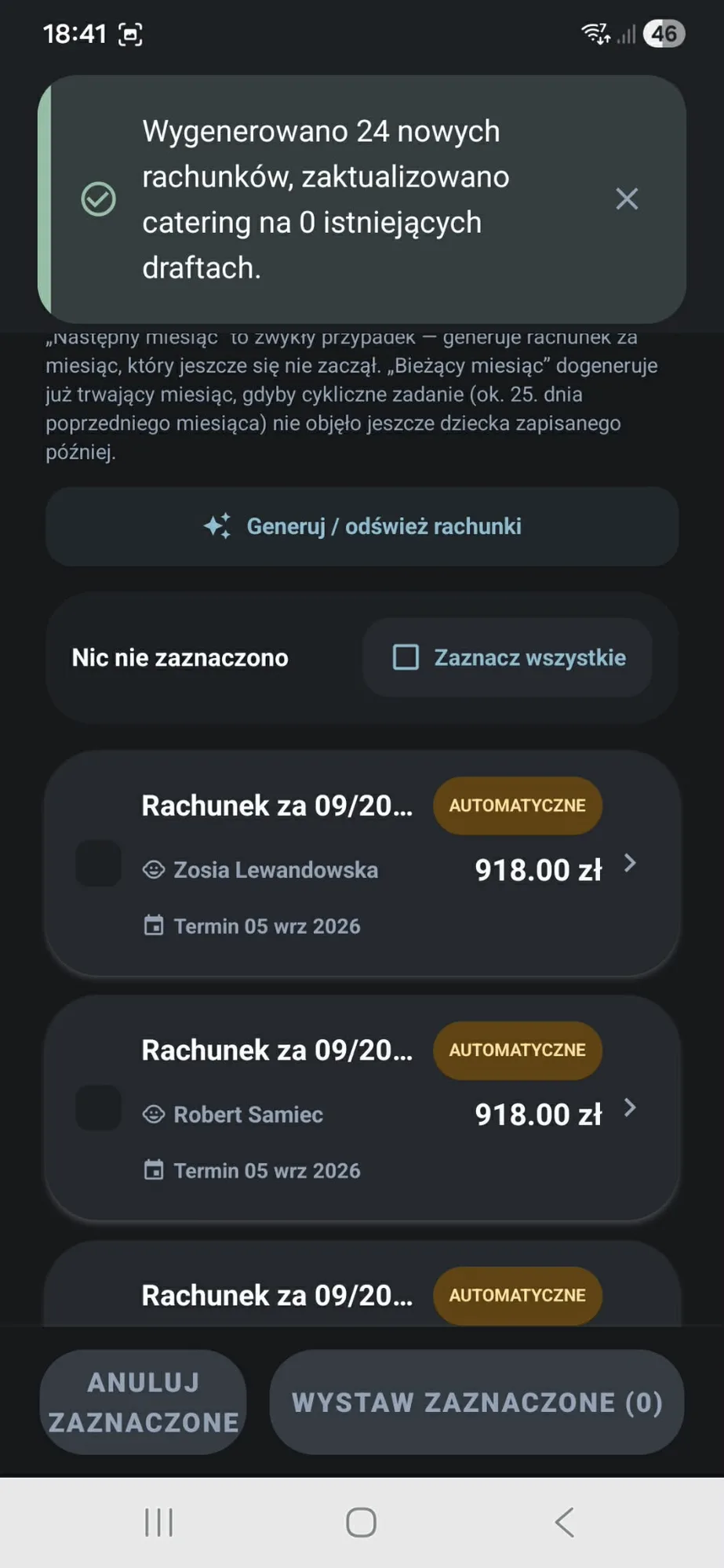 Invoices for the whole facility in one click